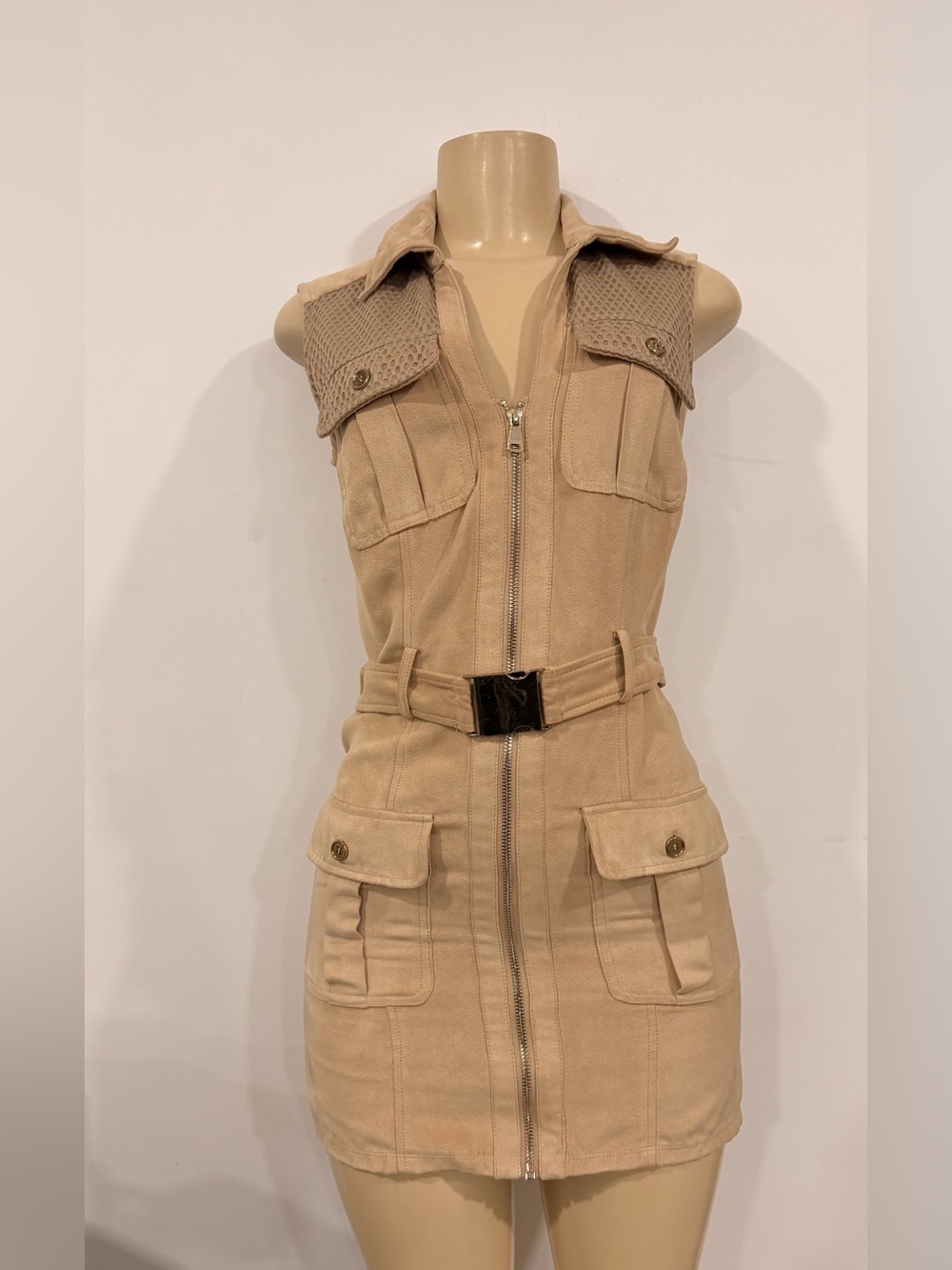 bebe Beige suede Sleeveless Zip-Front Belted Mini Dress